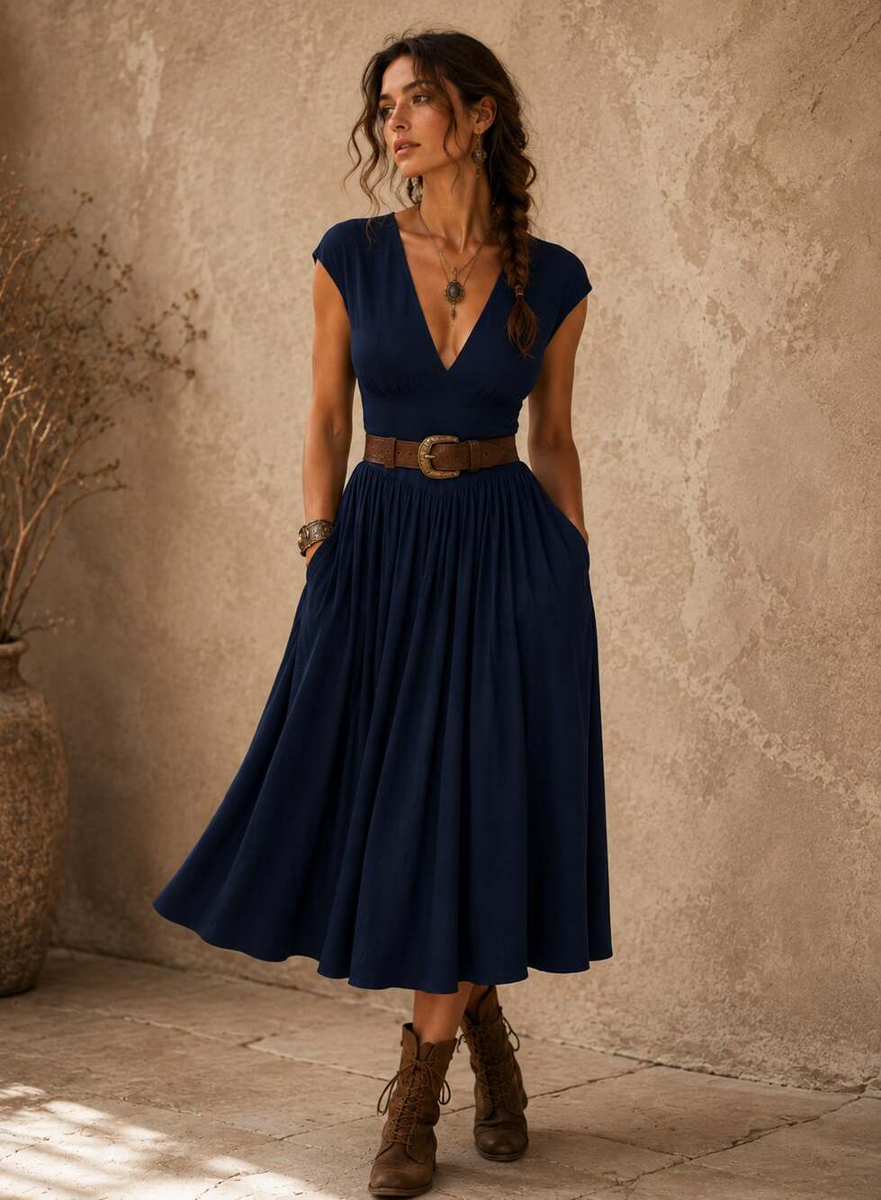 OYS Navy Blue Corset Lace Up Midi Dress Deep V Waist Romantic Boho Cottagecore